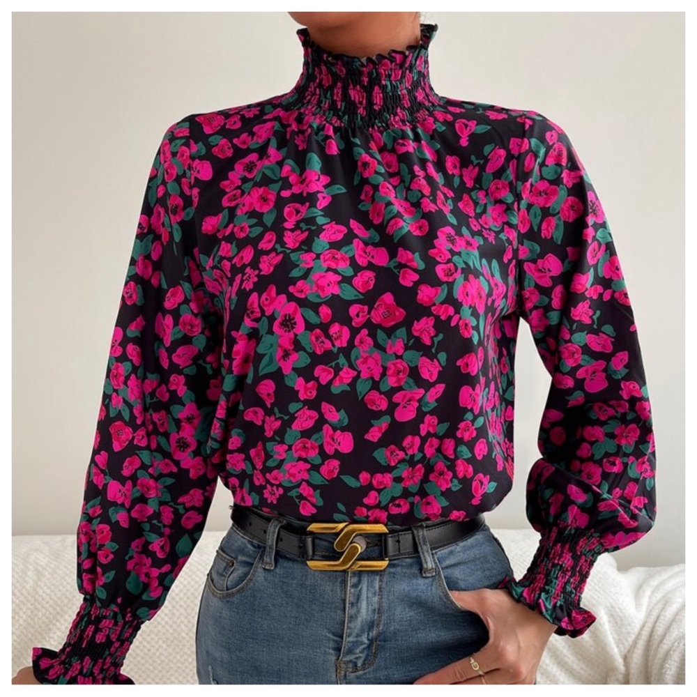 Floral Print Shirred Frill Neck Lantern
Sleeve Blouse New